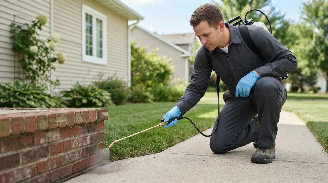 Pest control technician treating a home near London, AR